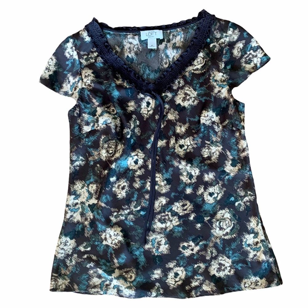 Loft Ruffle V-Neck Brown Floral Top